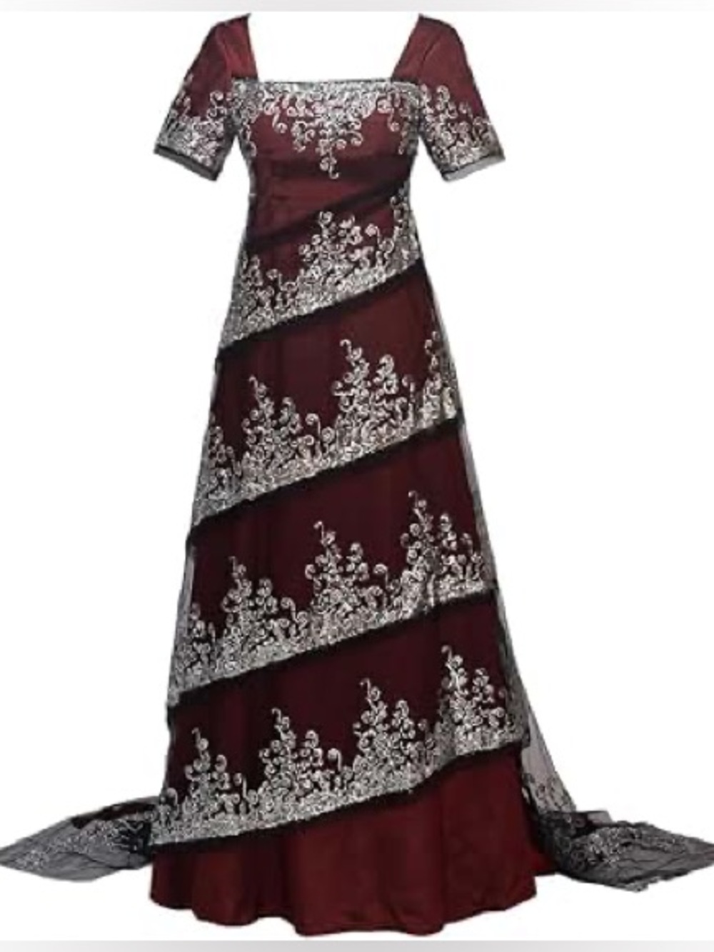 Titanic Rose Elegant Burgundy Evening Gown with Silver Embroidery & Train, 2XL